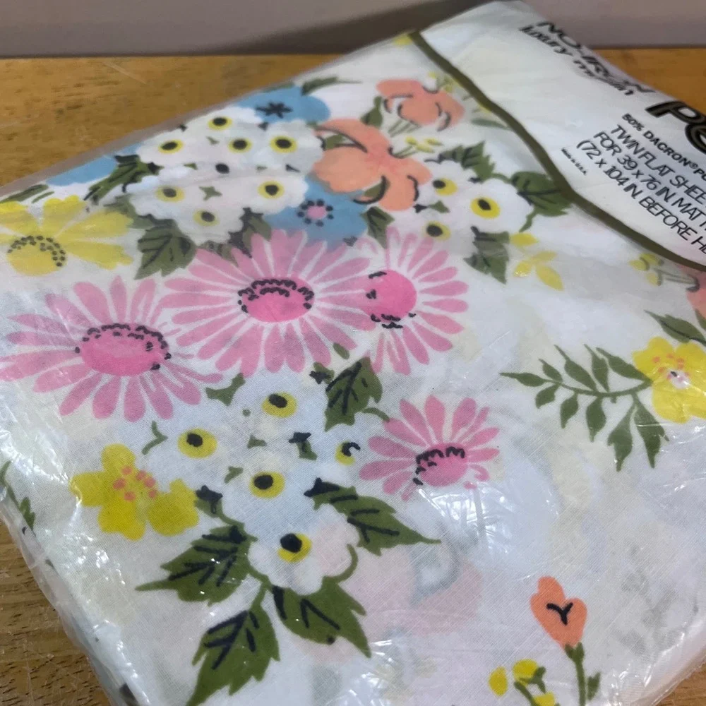 Vtg Pequot Twin Flat Sheet No-Iron Luxury Muslin Floral Pink Yellow Blue USA NEW